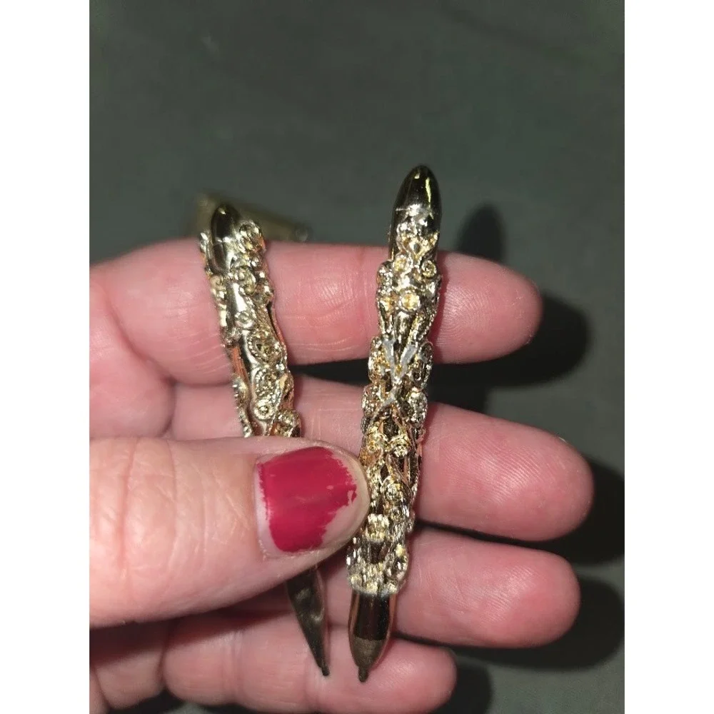 Vintage Miniature Gold Tone Filigree Pen and Pencil Set with Pouch Pocket Size